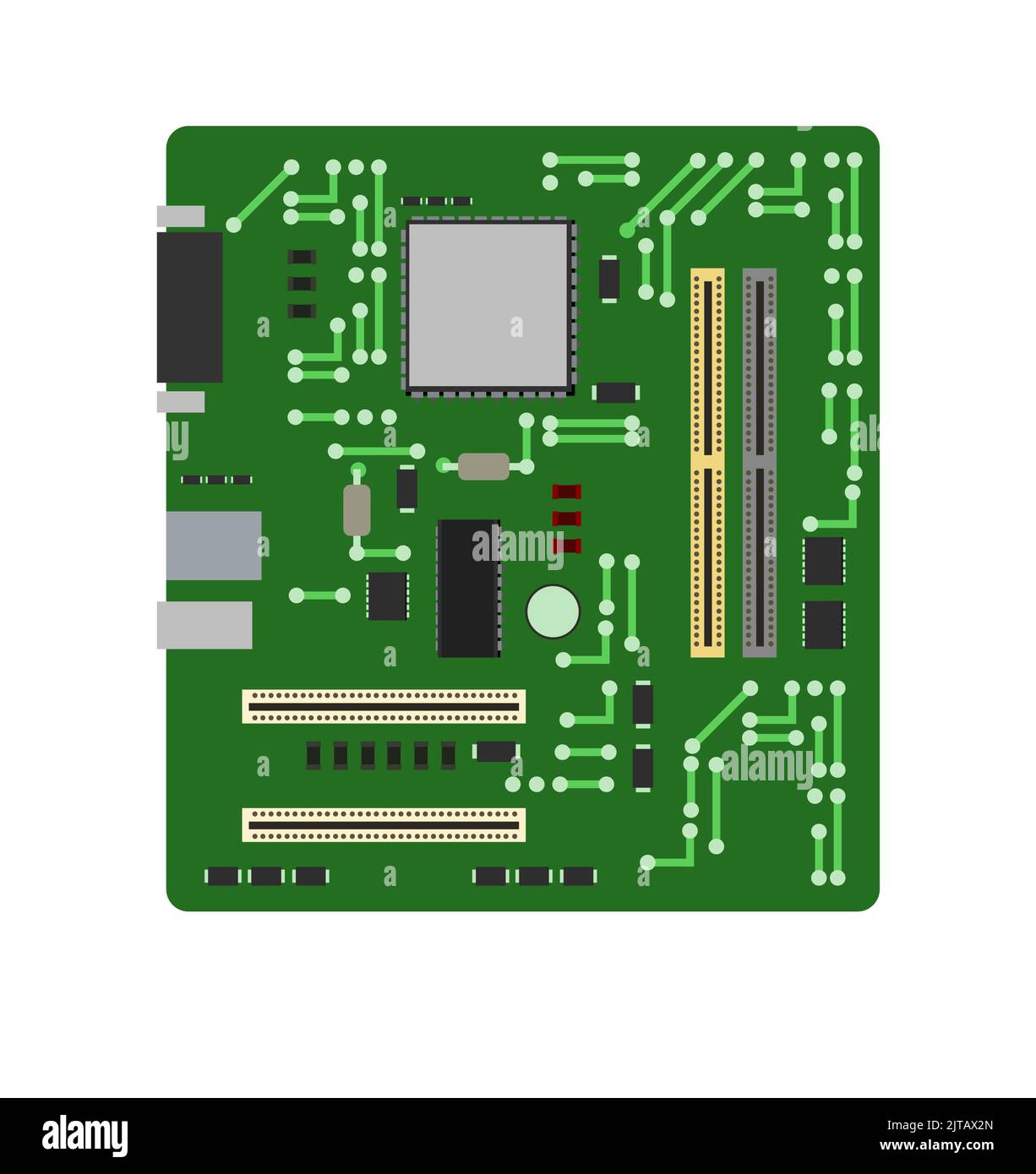 Carte mère verte avec connecteur pour carte vidéo et RAM. Pièce de rechange pour ordinateur personnel. Isolé sur fond blanc. Accessoires pour PC ou ordinateur portable. VEC Illustration de Vecteur
