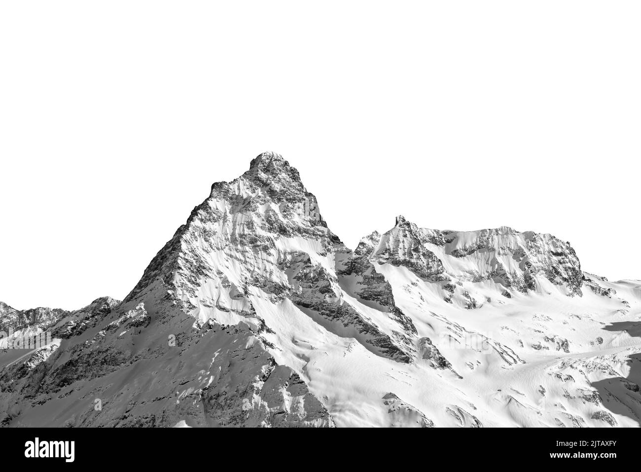 Sommet de montagne enneigé noir et blanc isolé sur fond blanc Banque D'Images