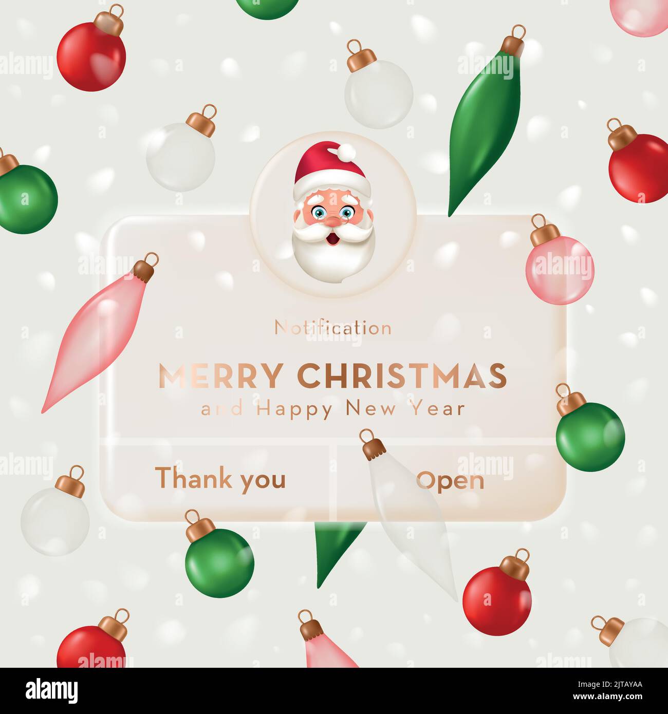 Joyeux Noël et Bonne Année. 3D Rappel, page Notifications avec la tête du Père Noël et les boules de verre Illustration de Vecteur