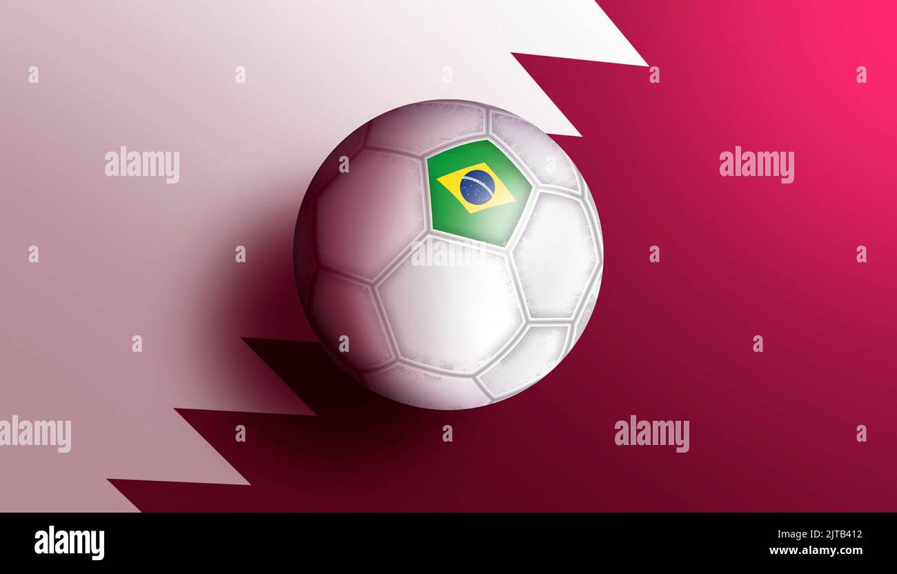 Un 3D rendu d'un football avec le drapeau brésilien contre le fond du drapeau du Qatar Banque D'Images
