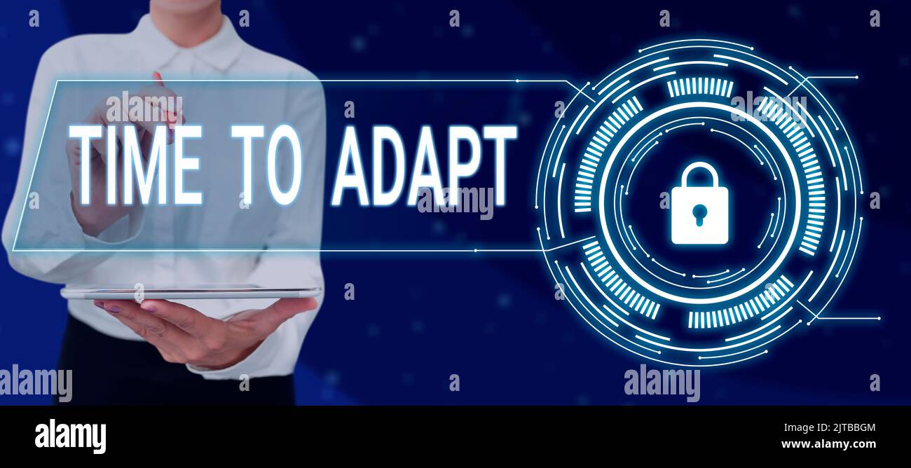 Inspiration montrant le temps de s'adapter. Le moment du concept d'entreprise pour s'adapter aux changements adopter l'innovation Homme tenant la tablette avec des données tardives et Banque D'Images