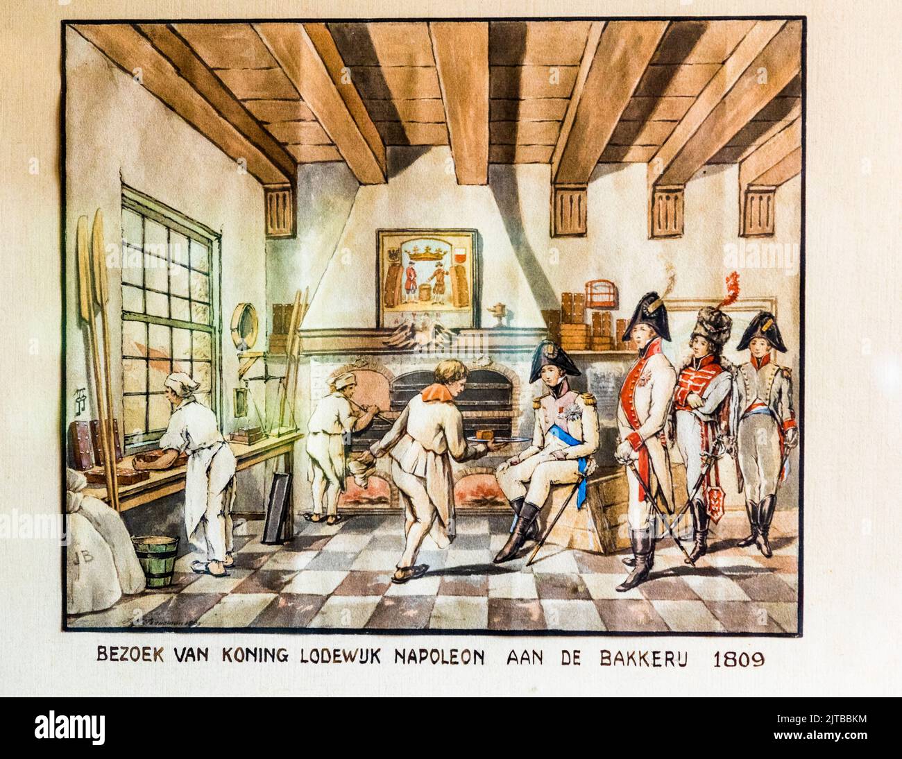 Bussamin's Honey Cake Manufacture à Deventer, pays-Bas. Photo de la visite de Louis Napoléon en 1809. La photo est suspendue dans le Koekwinkel du Deventer et montre une scène historique de 1809. De 1806 à 1810, Lodewijk Napoléon était roi du Royaume de Hollande créé par son frère l'empereur Napoléon. Le roi était intéressé par le fameux gâteau et on lui a montré comment il était fait. Avec enthousiasme, il a placé une grande commande et a voulu monter à bord de son chariot sans payer.la femme du boulanger ensuite le tuged par le manchon et a réussi à réclamer le montant de l'argent Banque D'Images