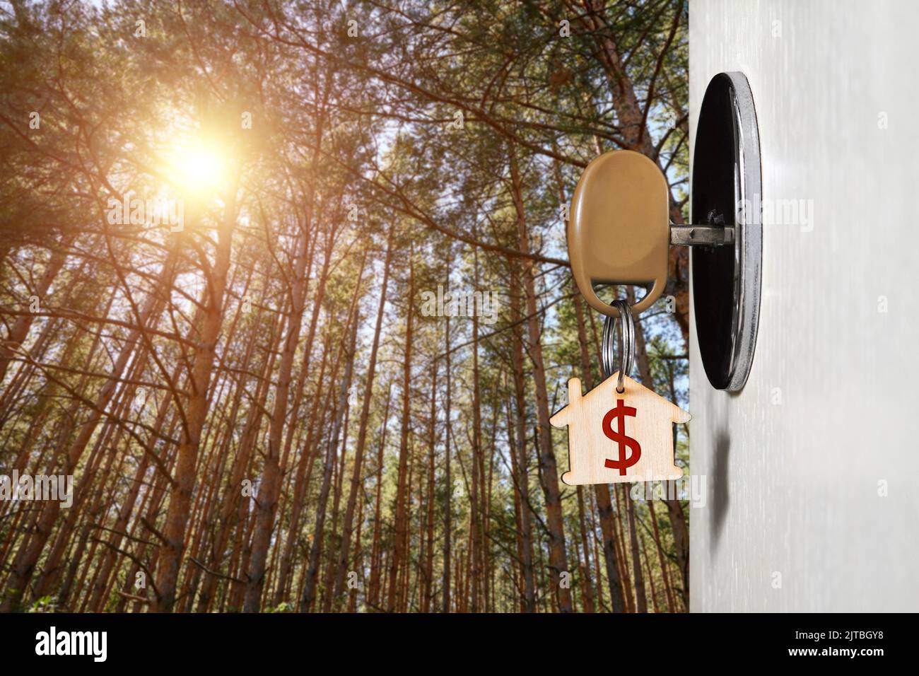 Clé avec un trinket sous la forme d'une maison dans la serrure de porte d'une porte ouverte contre les arbres dans la forêt Banque D'Images