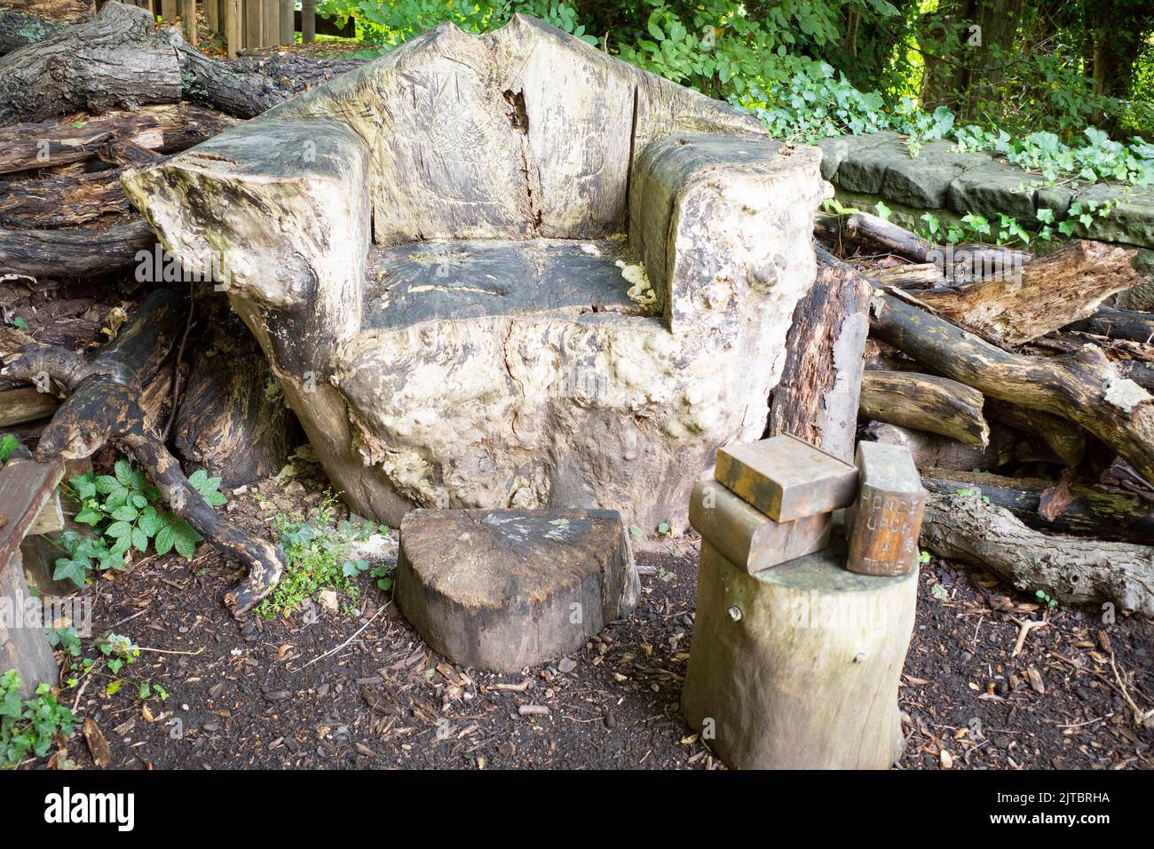 Chaise en bois sculpté rugueux avec livres sculptés devant Banque D'Images