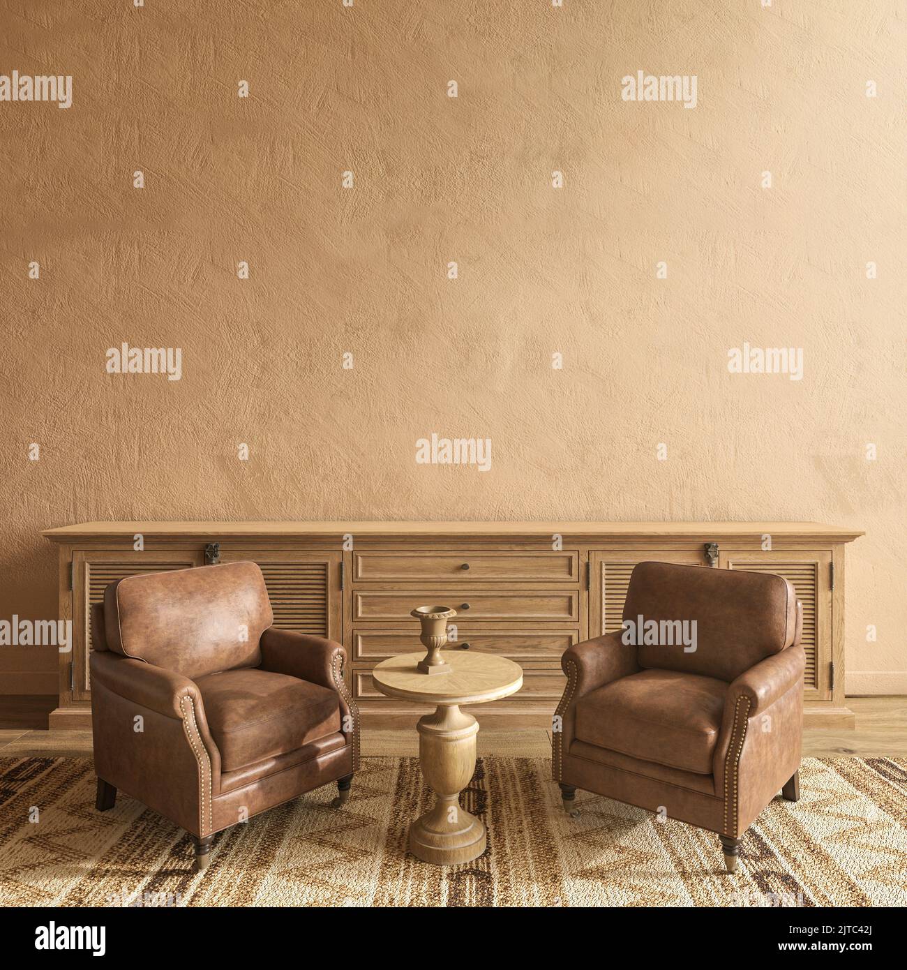 Intérieur avec décoration boho ethnique. Séjour de couleur marron. Maquette murale beige. 3d rendu de l'illustration. Banque D'Images