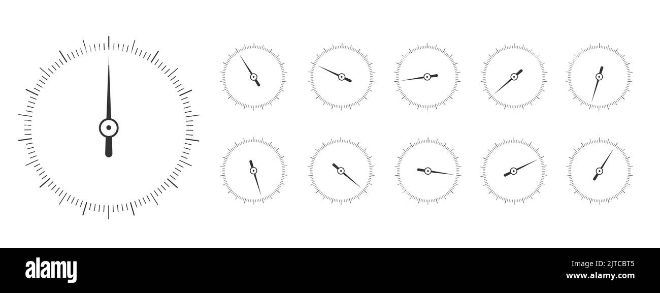 Ensemble d'échelles de mesure rondes avec flèches dans différentes positions. modèles à 360 degrés de baromètre, boussole, outil de règle circulaire isolé sur fond blanc. Illustration graphique vectorielle Illustration de Vecteur