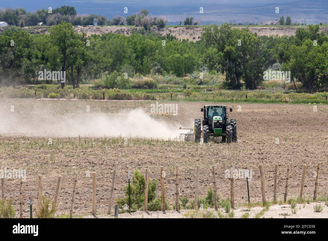 Olathe, Colorado - Un agriculteur tire une herse pour labourer un champ de ferme sec dans l'ouest du Colorado. Banque D'Images