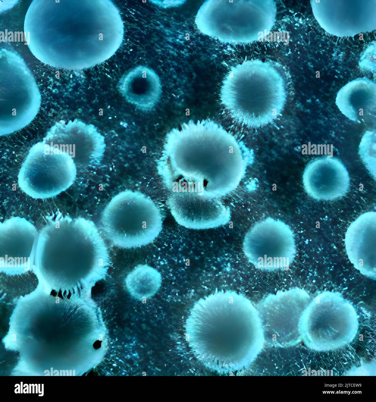 Vue microscopique des cellules flottantes du virus de la grippe. Maladie dangereuse Banque D'Images
