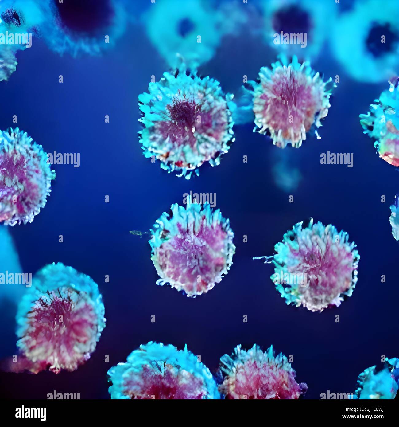 Vue microscopique des cellules flottantes du virus de la grippe. Maladie dangereuse Banque D'Images