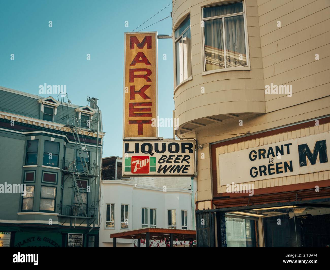 Panneau d'époque Grant & Green Market à North Beach, San Francisco, Californie Banque D'Images