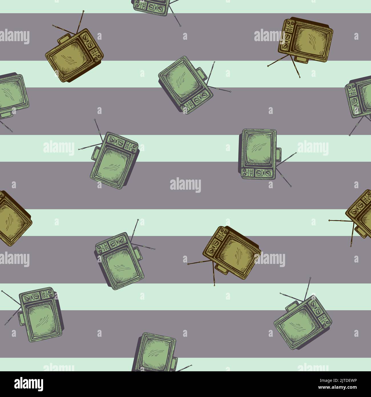 Téléviseur rétro avec antenne gravée sans couture. Téléviseur vintage de style dessiné à la main. Texture d'esquisse pour tissu, papier peint, textile, imprimé, titre, Illustration de Vecteur