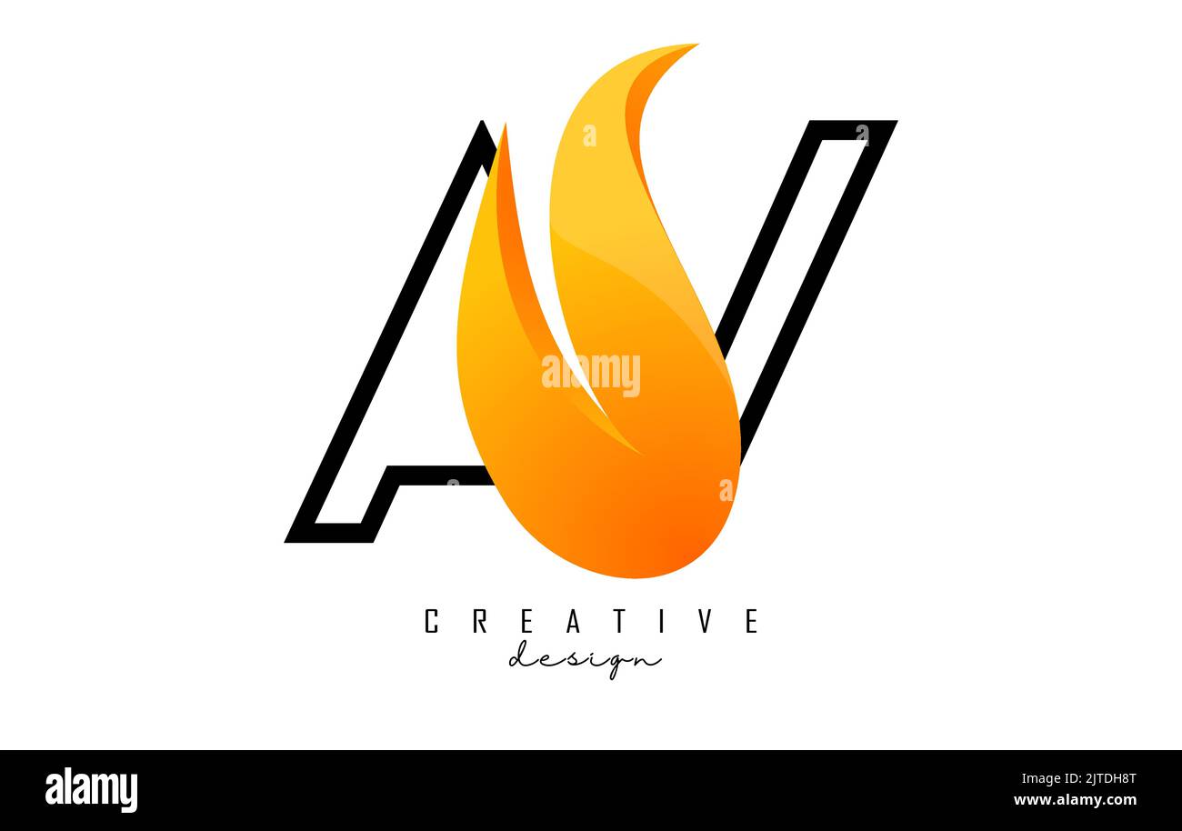 Illustration vectorielle vectorielle des lettres abstraites AV a v avec flammes et logo Swoosh orange. Logo des lettres A et B avec coupe et forme créatives. Illustration de Vecteur