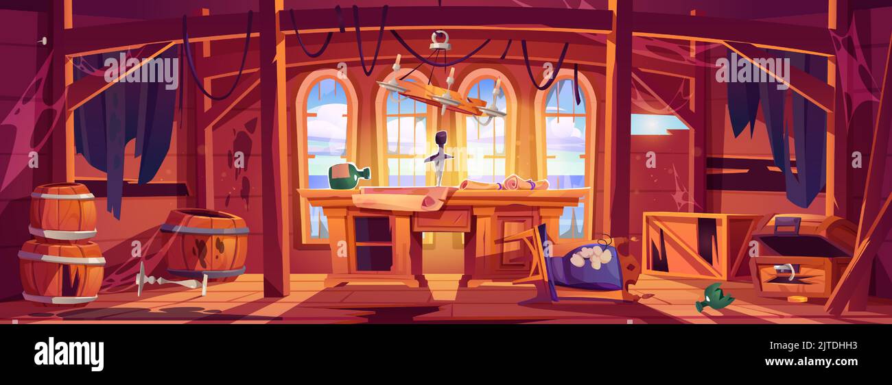 Cabine de navire du capitaine pirate abandonnée. Intérieur de la pièce brisé, fond de jeu avec des éléments Corsair endommagés. Table avec bouteille, carte, coffre au Trésor fissuré, rideaux déchiquetés, illustration vectorielle de dessin animé Illustration de Vecteur