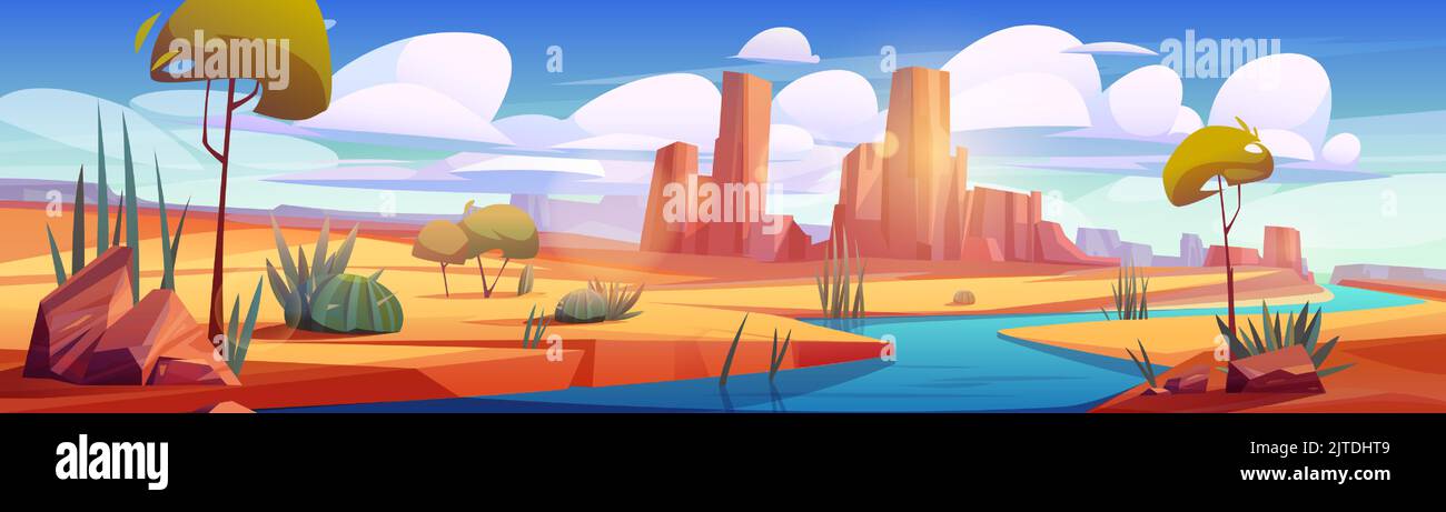 Rivière dans le désert, magnifique paysage d'oasis avec des rochers, ruisseau d'eau, sable et plantes sous ciel bleu avec des nuages. Fond de dessin animé pour le jeu, nature déserte, scène panoramique 2D, illustration vectorielle Illustration de Vecteur
