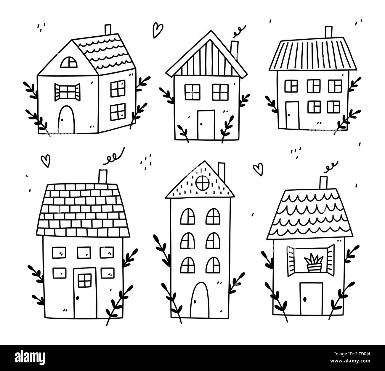 Ensemble avec de jolies petites maisons isolées sur fond blanc. Collection Sweet Home. Illustration vectorielle dessinée à la main, style doodle. Parfait pour les décorations Illustration de Vecteur