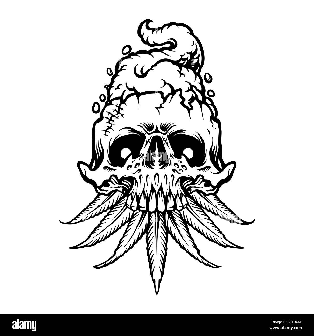 Burning Skull Eat Leaf Weed Cannabis illustrations vectorielles pour votre travail logo, t-shirt de marchandise de mascotte, autocollants et étiquettes, affiche, message d'accueil Banque D'Images