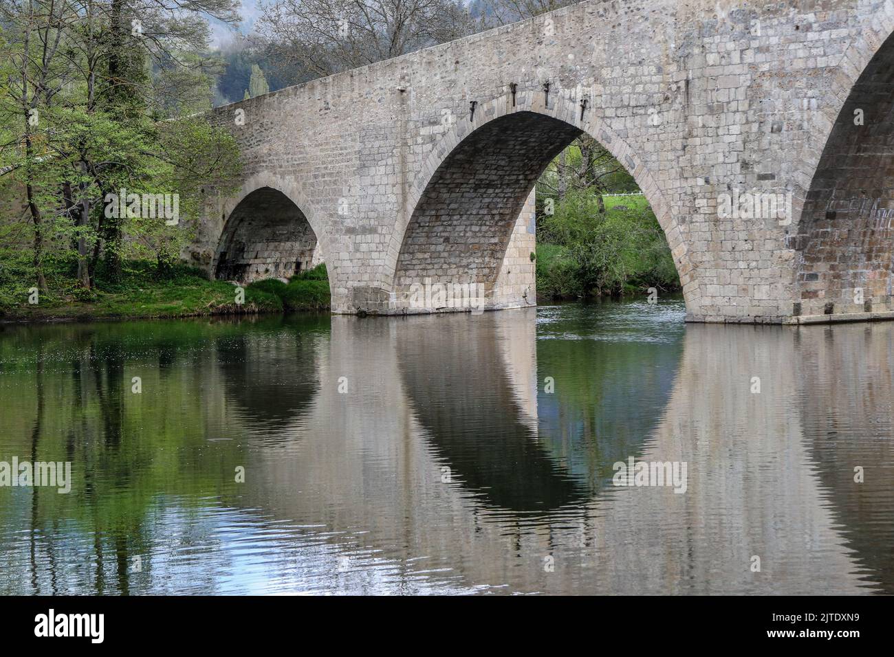 Le Pont de Quezac se reflète dans le Tarn, les Gorges du Tarn, les Causses, la France, l'UE Banque D'Images
