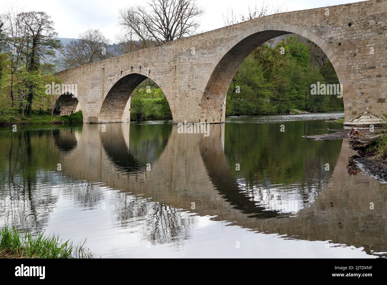 Le Pont de Quezac se reflète dans le Tarn, les Gorges du Tarn, les Causses, la France, l'UE Banque D'Images