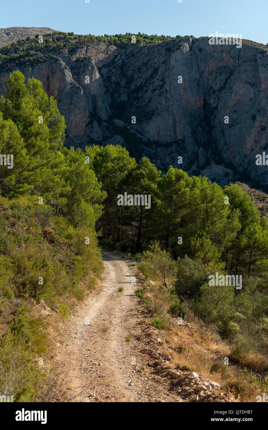 Vue panoramique sur la route de montagne en gravier contre le ciel bleu, Costa Blanca, Alicante, Espagne. Banque D'Images