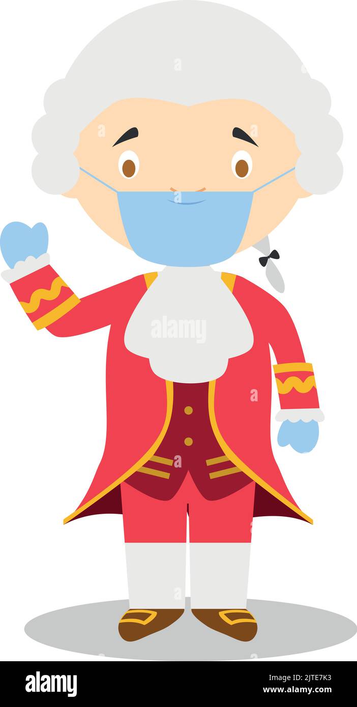 Wolfgang Amadeus Mozart personnage de dessin animé avec masque chirurgical et gants en latex comme protection contre une urgence sanitaire Illustration de Vecteur