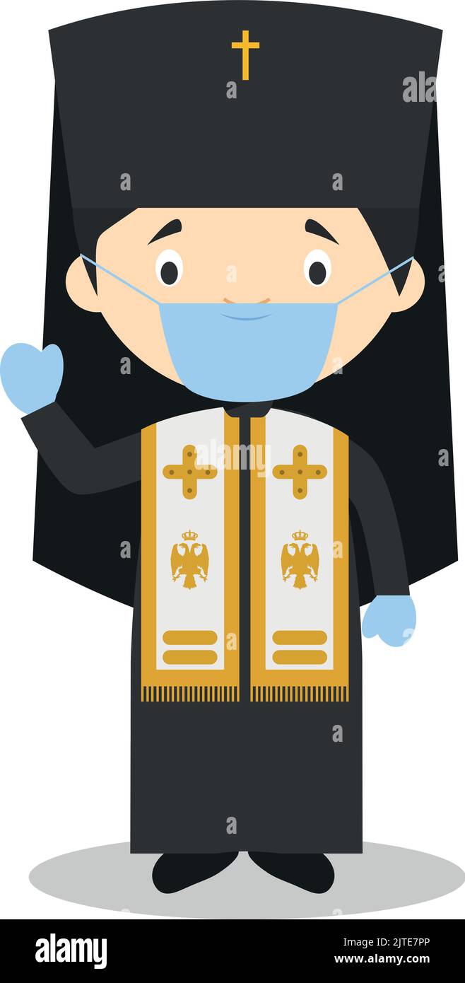 Personnage de dessin animé Patriarche orthodoxe avec masque chirurgical et gants en latex comme protection contre une urgence sanitaire Illustration de Vecteur