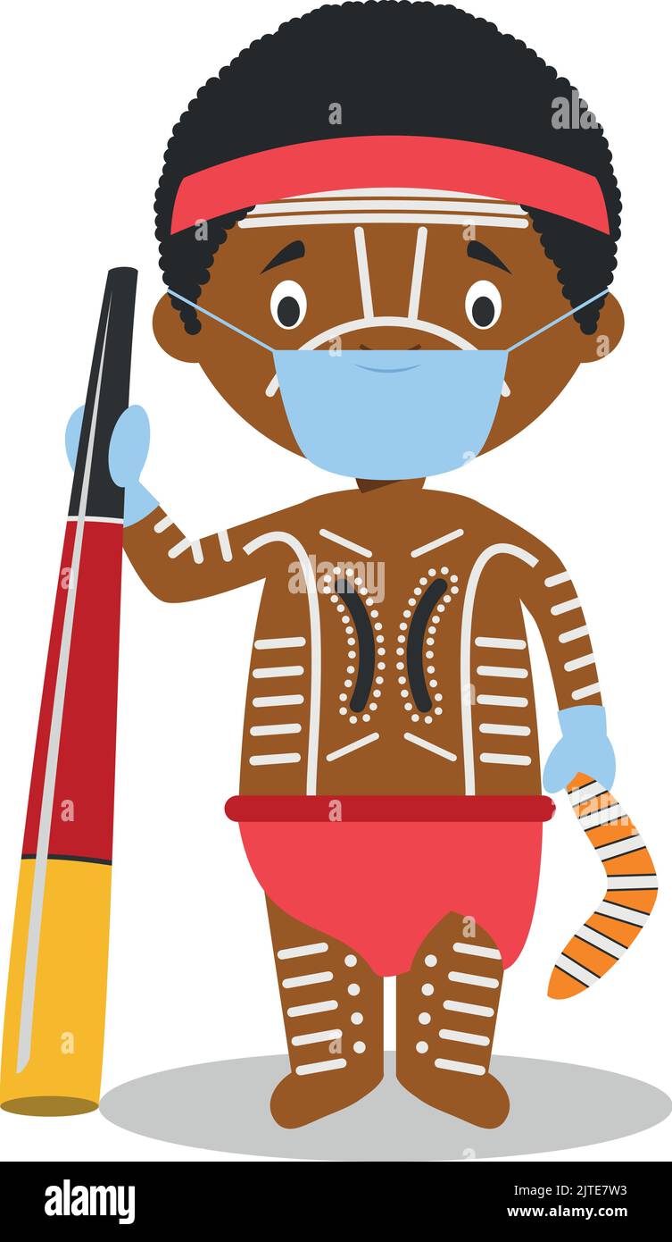 Personnage d'Australie (aborigène) habillé de façon traditionnelle et avec un masque chirurgical et des gants en latex comme protection contre une urgence sanitaire Illustration de Vecteur
