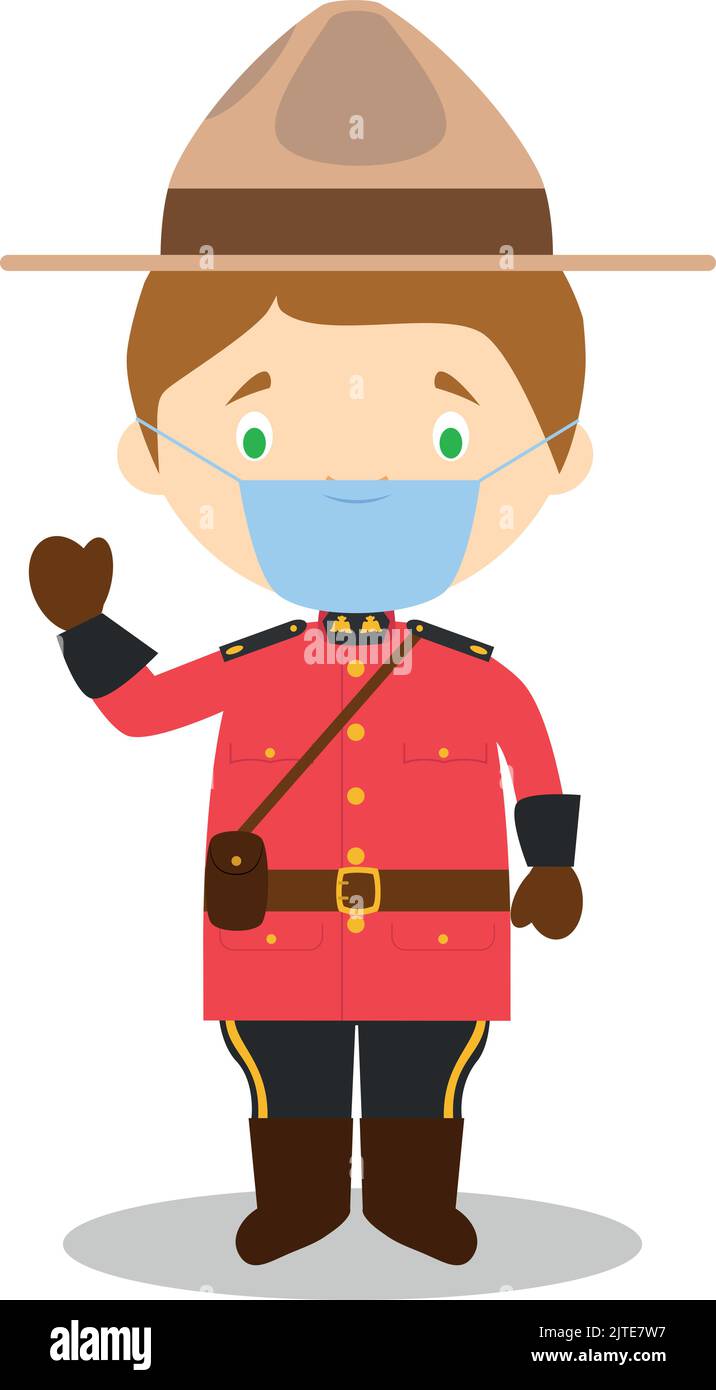 Personnage canadien habillé de façon traditionnelle comme policier porté et avec un masque chirurgical et des gants en latex comme protection contre un eme de santé Illustration de Vecteur