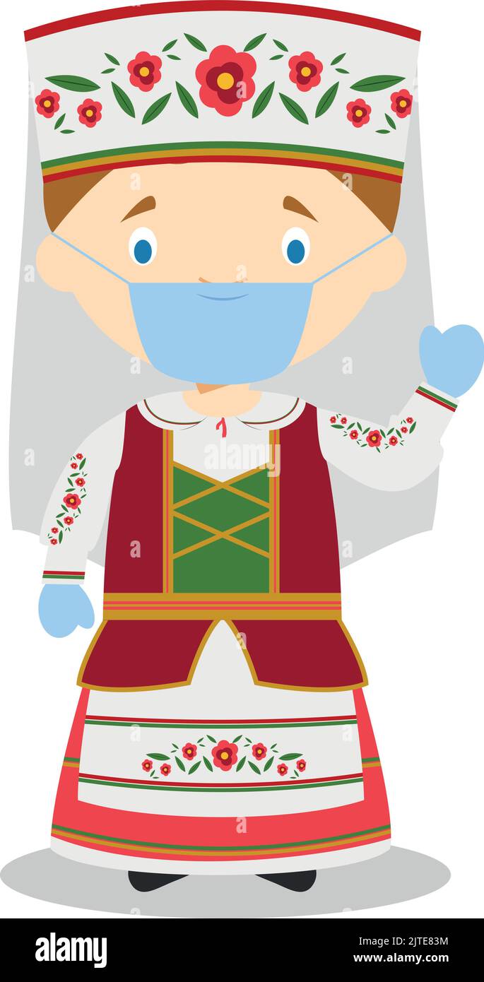 Caractère de Biélorussie vêtu de la manière traditionnelle et avec un masque chirurgical et des gants en latex comme protection contre une urgence sanitaire Illustration de Vecteur