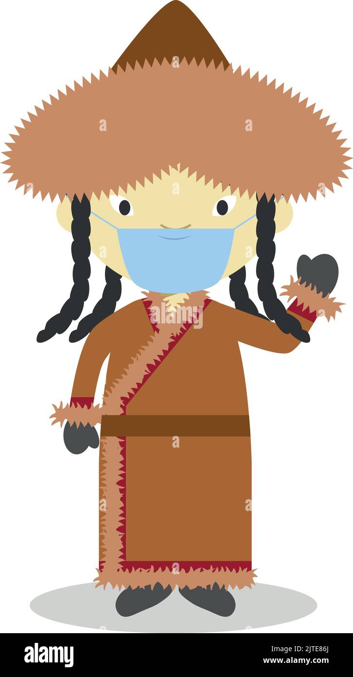 Personnage de Mongolie habillé de façon traditionnelle et avec un masque chirurgical et des gants en latex comme protection contre une urgence sanitaire Illustration de Vecteur