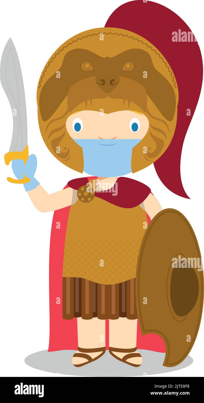 Alexandre le Grand personnage de dessin animé avec masque chirurgical et gants en latex comme protection contre une urgence sanitaire Illustration de Vecteur