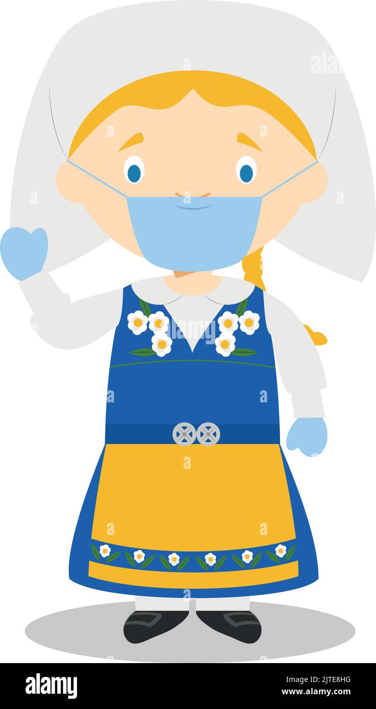 Caractère suédois habillé de façon traditionnelle et avec un masque chirurgical et des gants en latex comme protection contre une urgence sanitaire Illustration de Vecteur