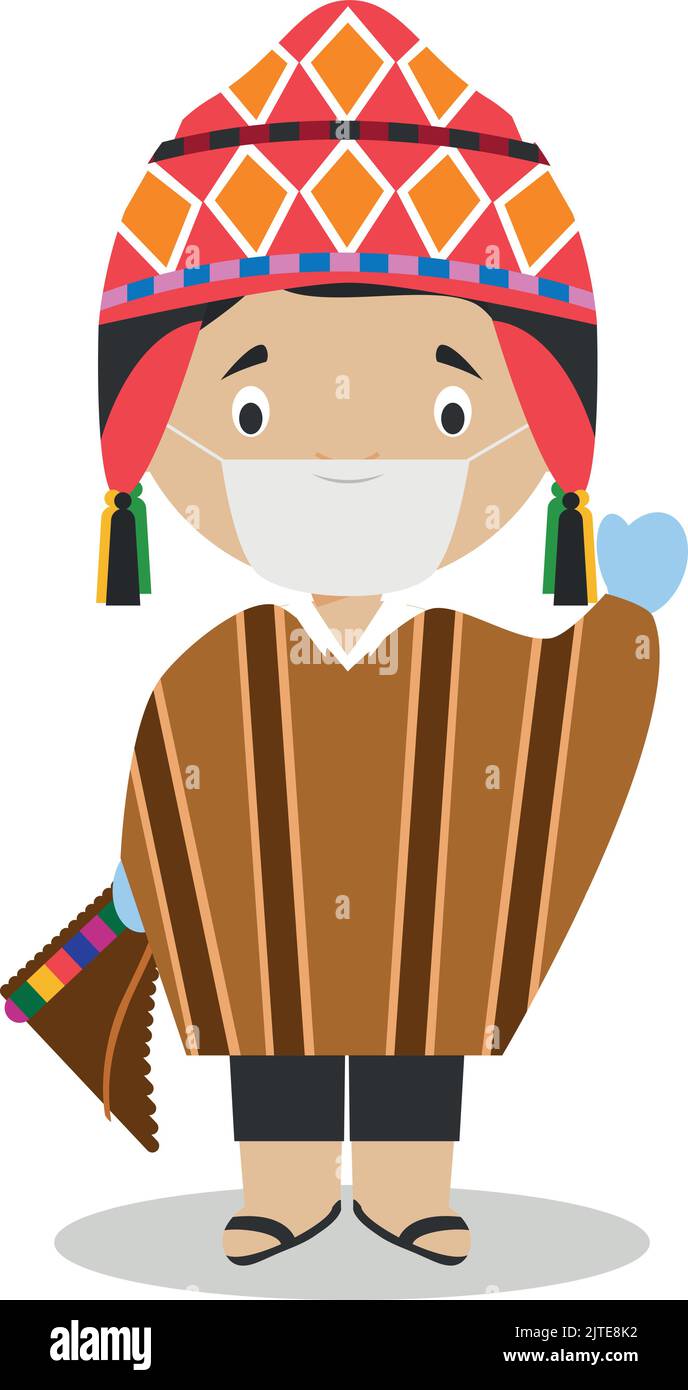 Caractère du Pérou habillé de la manière traditionnelle et avec masque chirurgical et gants en latex comme protection contre une urgence sanitaire Illustration de Vecteur