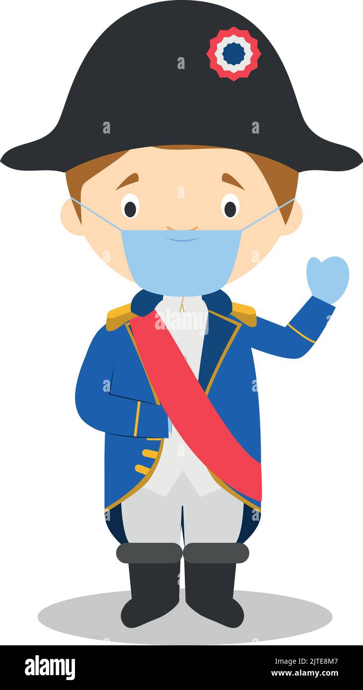 Personnage de dessin animé Napoleon Bonaparte avec masque chirurgical et gants en latex pour la protection contre une urgence sanitaire Illustration de Vecteur