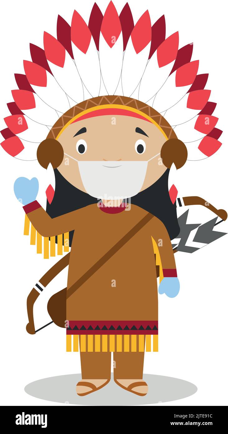 Caractère des États-Unis vêtu de la manière traditionnelle des Indiens américains et avec masque chirurgical et gants en latex comme protection contre un He Illustration de Vecteur