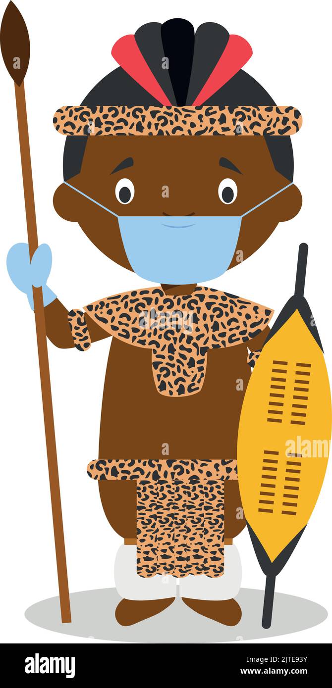 Personnage d'Afrique du Sud. Garçon Zulu habillé de la manière traditionnelle de la tribu Zulu et avec un masque chirurgical et des gants en latex comme protection contre un Illustration de Vecteur