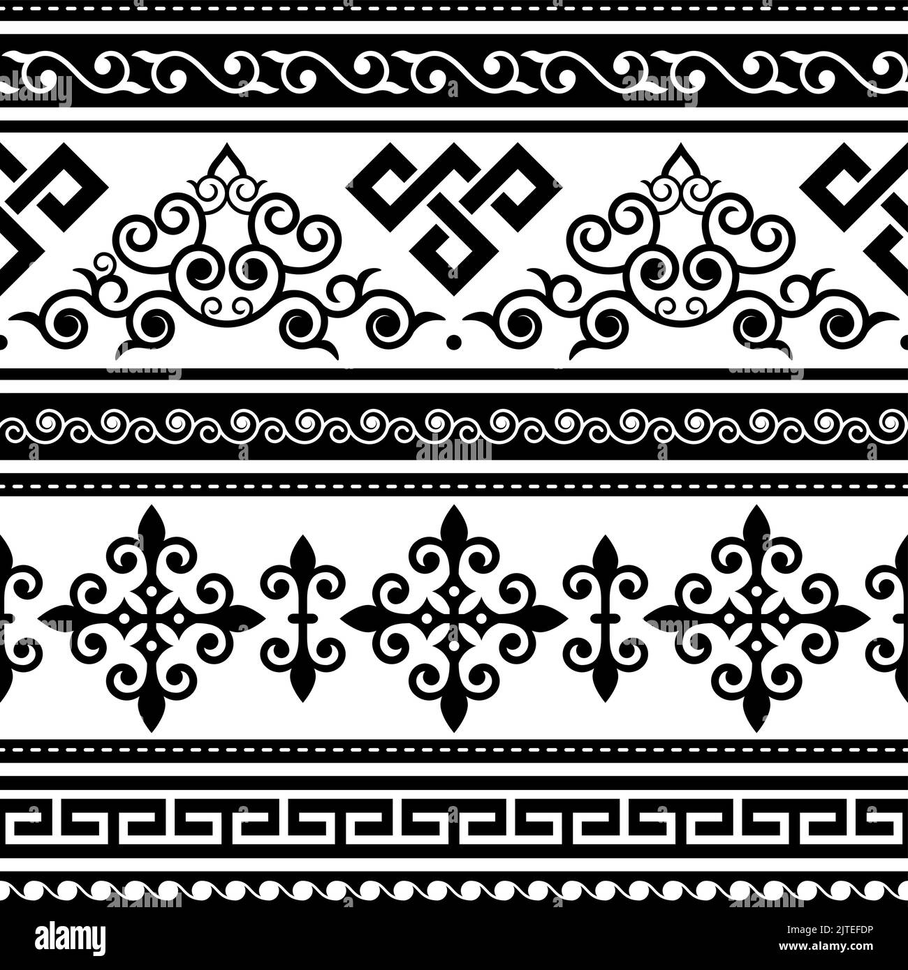 Motif vectoriel oriental sans couture inspiré de l'art populaire de Monogolia et d'Asie centrale, imprimé textile traditionnel ou tissu en noir et blanc Illustration de Vecteur