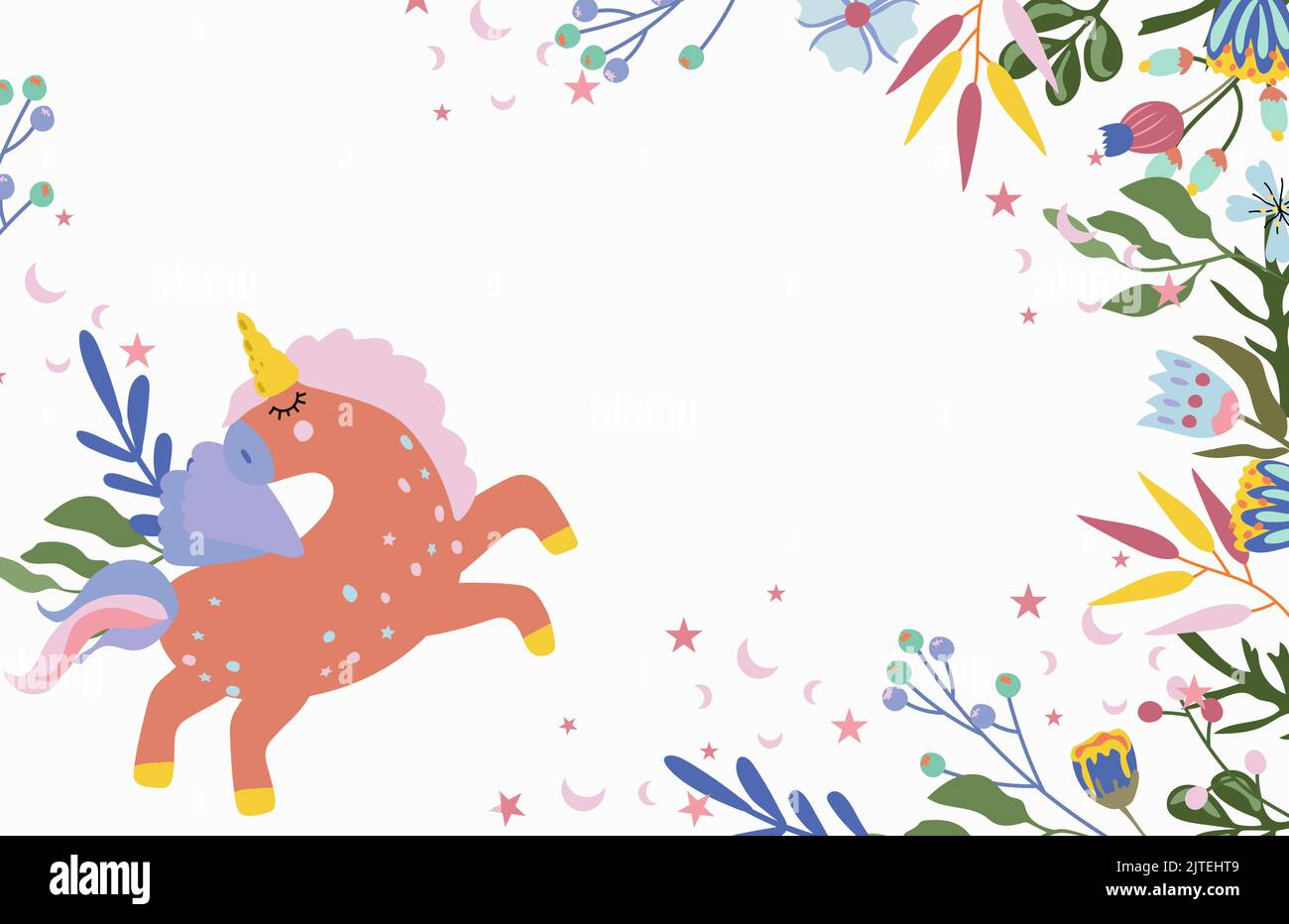 Composition lumineuse avec de mignons licorne, des fleurs et des feuilles brillantes. Une licorne fantastique. Les compositions de fées peuvent être utilisées comme création de carte, bannière, anniversaire et autres vacances. Illustration vectorielle. Illustration de Vecteur