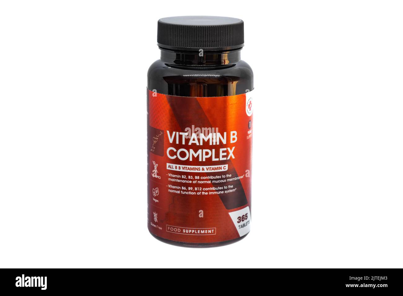 Bouteille de pilules du complexe de vitamine B avec la vitamine C. Banque D'Images