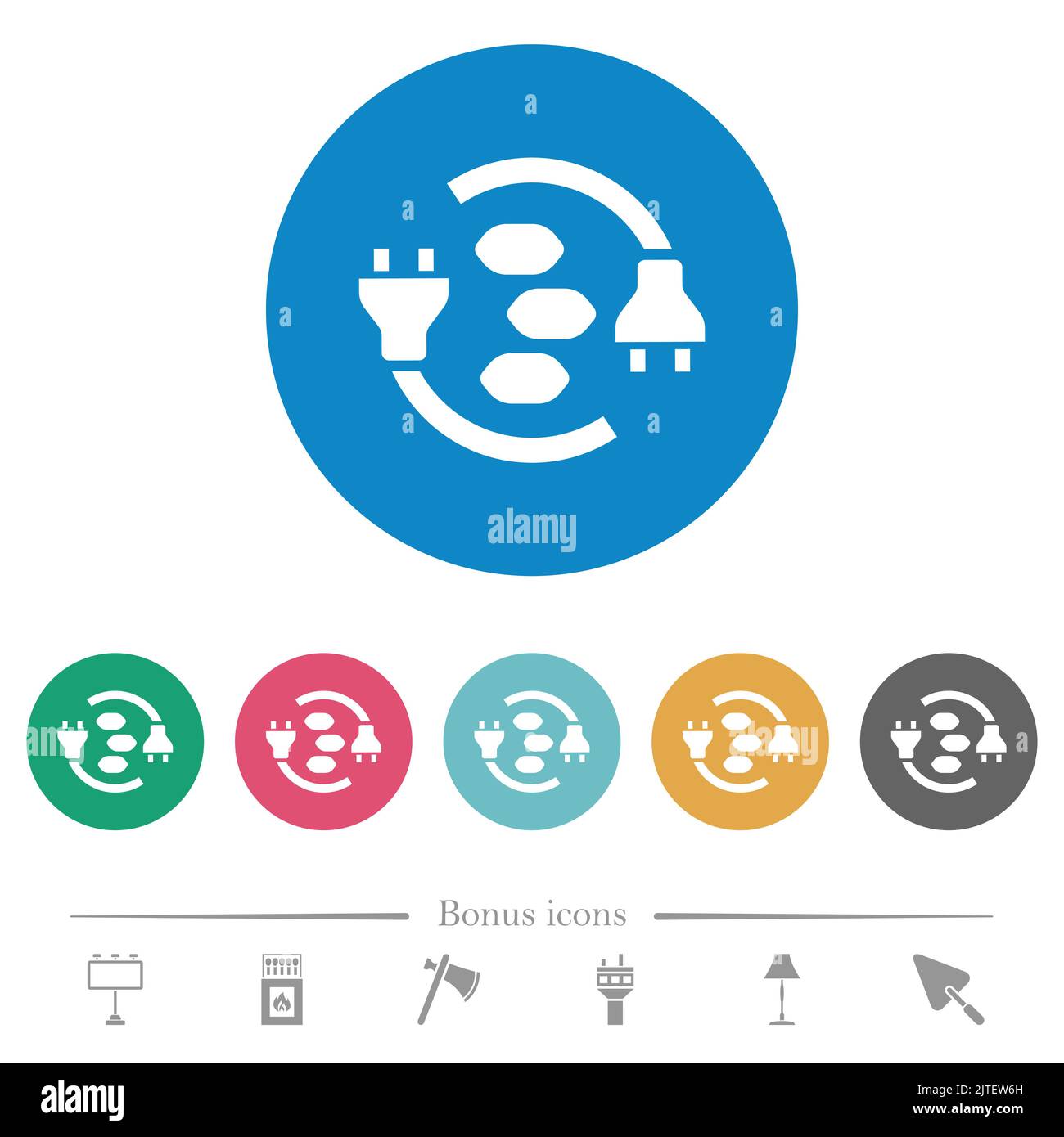 Icônes blanches plates charbon Energy sur fond rond. 6 icônes bonus incluses. Illustration de Vecteur