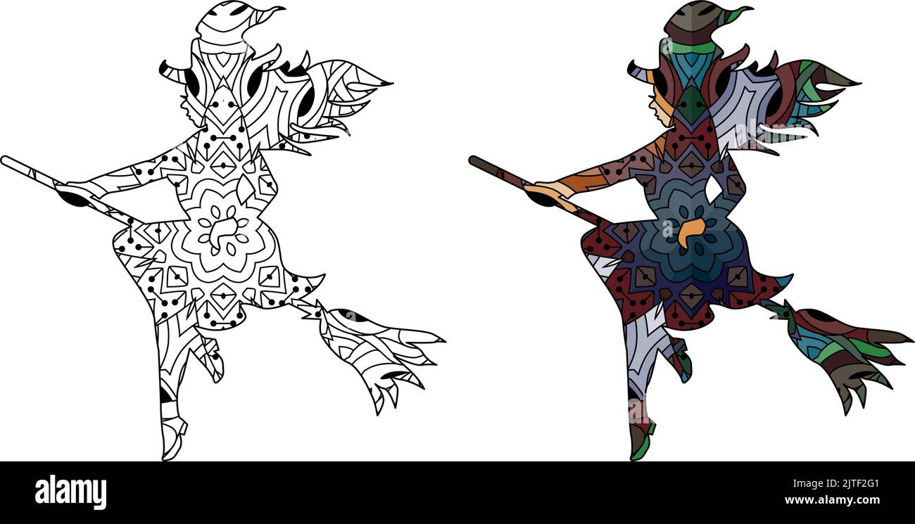 Décoration artistique peinte à la main. Illustration dessinée à la main Silhouette d'une sorcière avec un motif pour Halloween pour la coloration. Jeu de couleurs et de contours Illustration de Vecteur