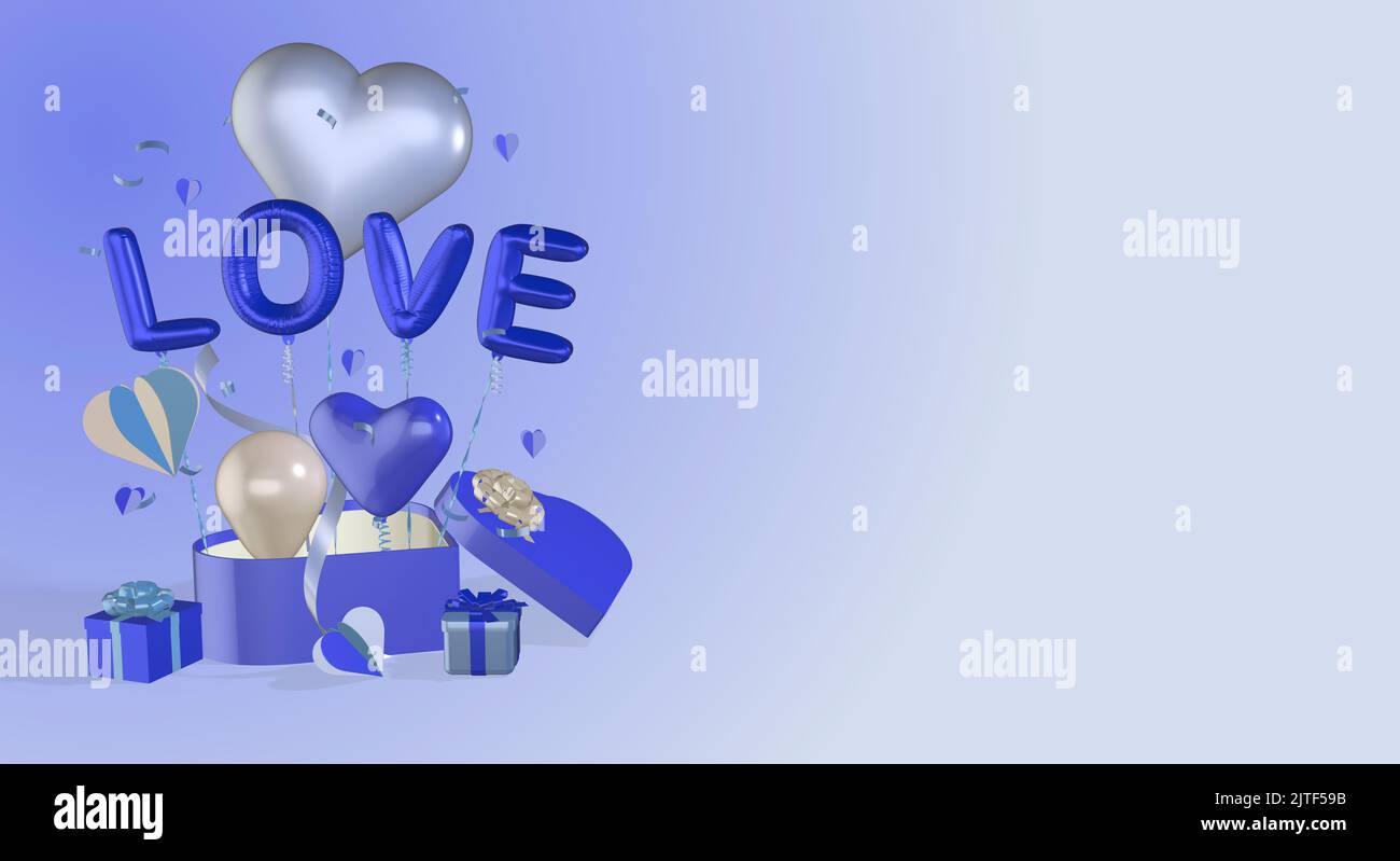 3D arrière-plan d'amour rendu boîtes cadeau coeur ballons ruban noeuds ballons amour texte adapté pour Saint Valentin anniversaire ou anniversaire Banque D'Images