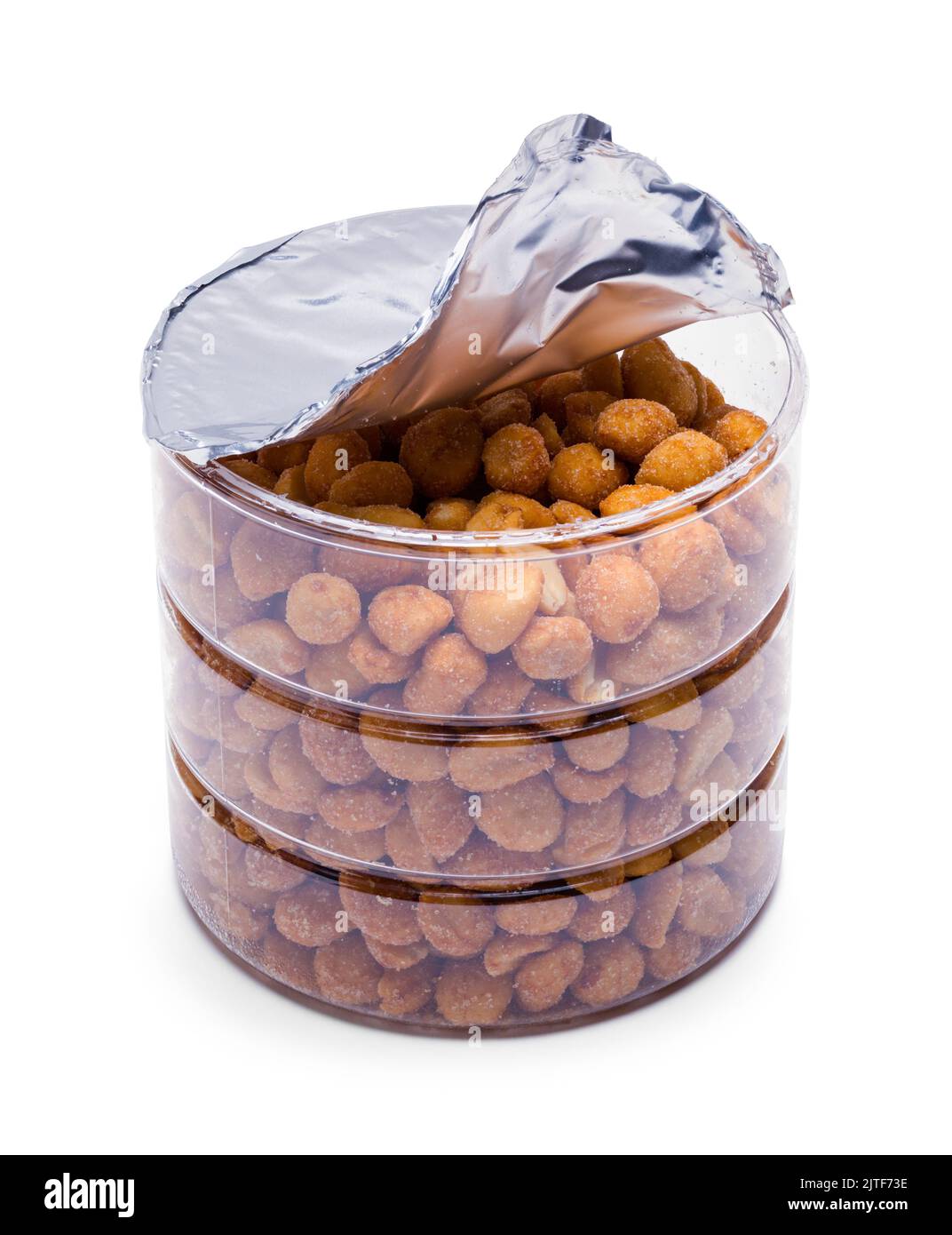 Boîte ouverte de arachides rôties au miel, ajourée sur blanc. Banque D'Images