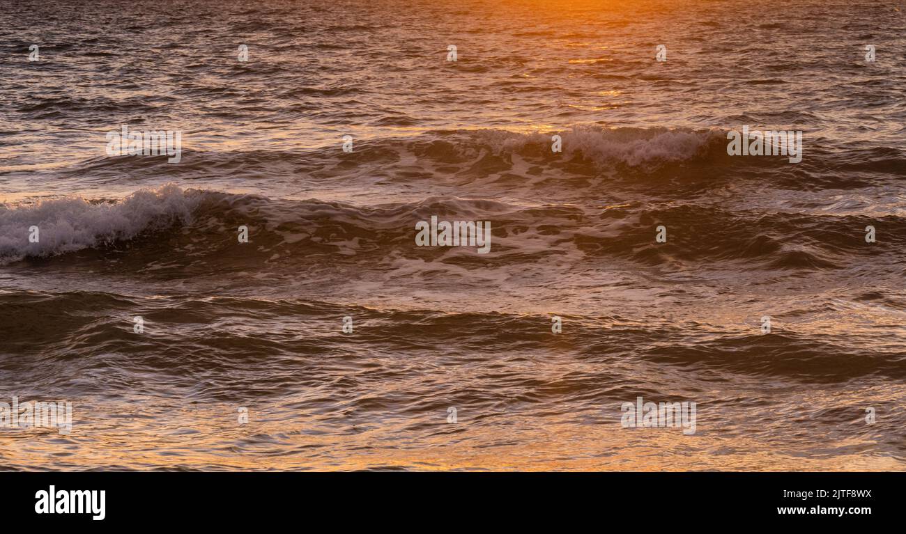 Gros plan sur la plage de lavage des vagues de l'océan au lever du soleil Banque D'Images