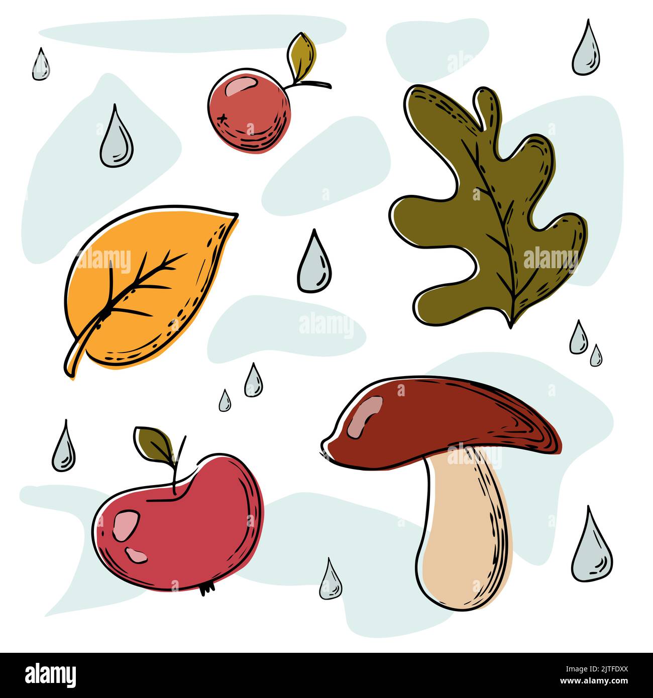 des autocollants sur le thème de l'automne laissent des gouttes de pluie de champignons et de pomme avec des baies Illustration de Vecteur
