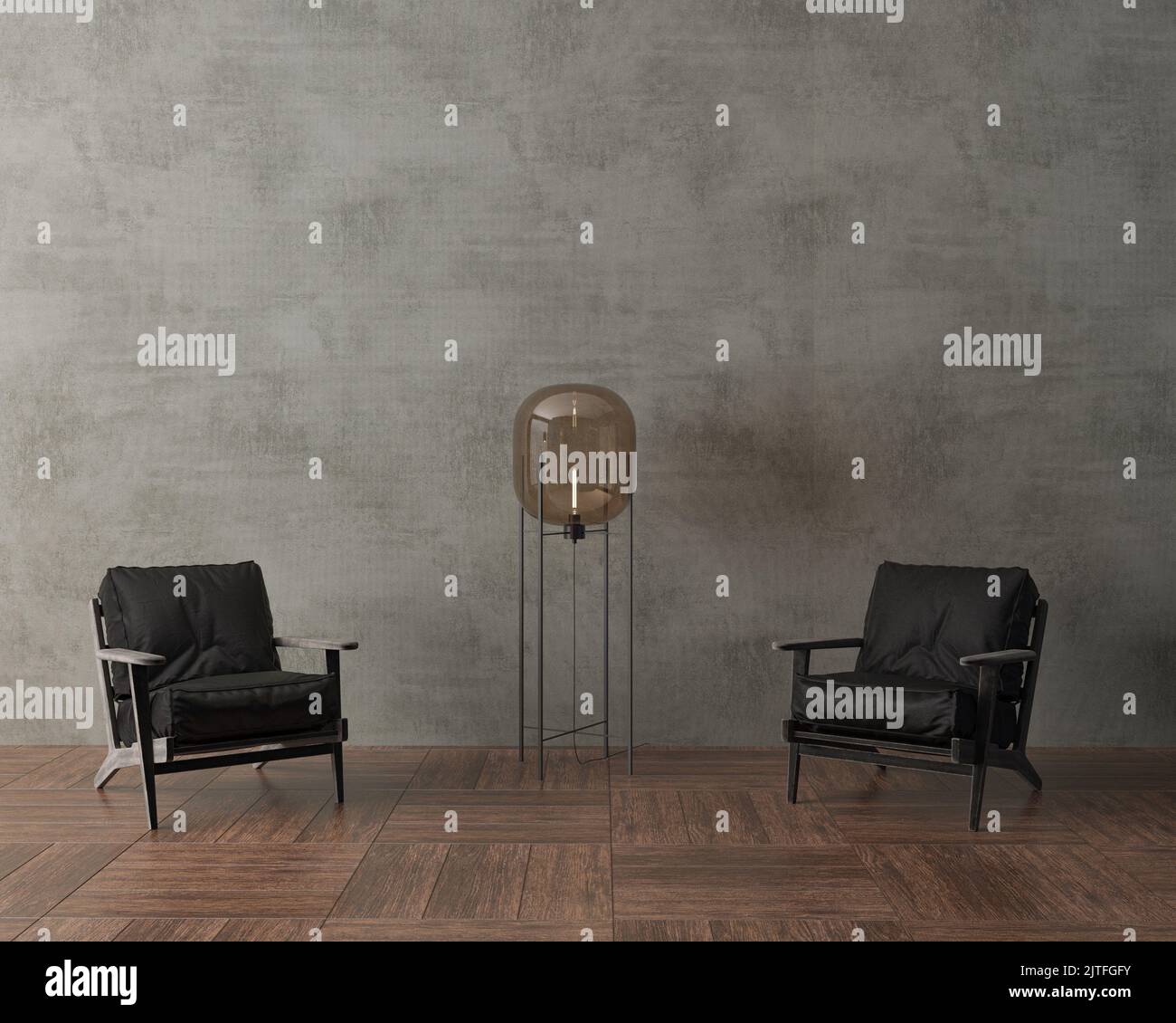 3d illustration. Décoration élégante de style loft avec mur en béton et deux fauteuils noirs. Lampe de plancher marron. Parquet. Banque D'Images