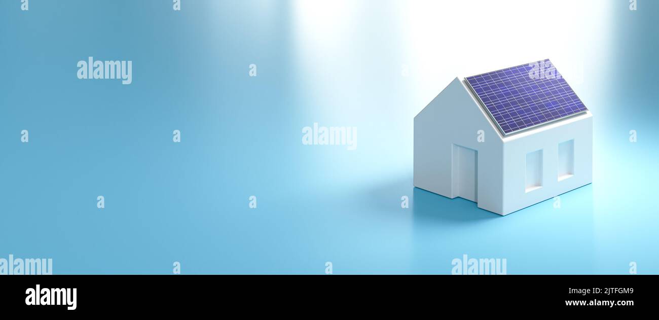 Conception de panneaux solaires. Une maison modèle avec un panneau solaire sur le toit. Format de bannière Web Banque D'Images