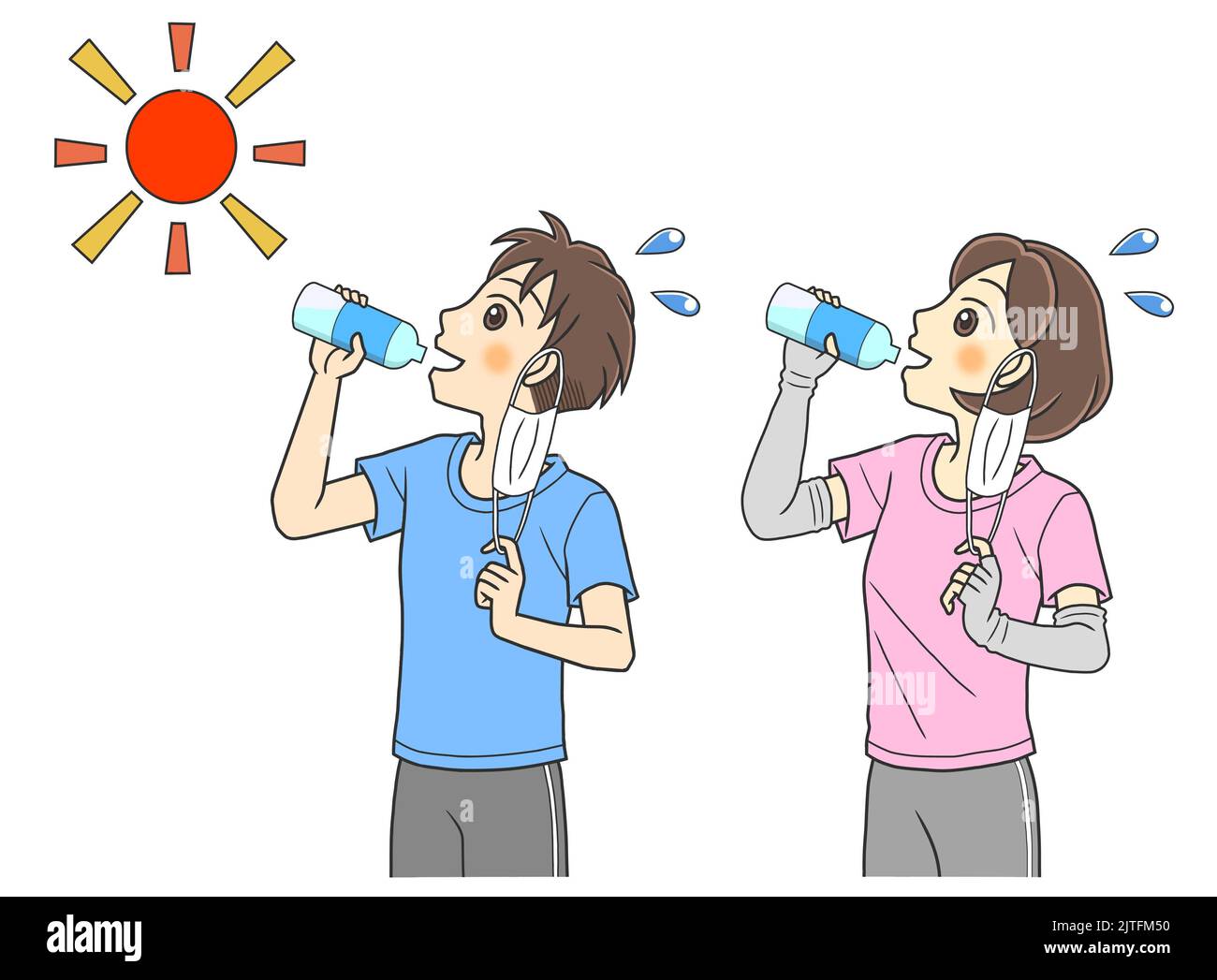 Un jeune couple qui retire des masques faciaux et boit de l'eau en bouteille Banque D'Images