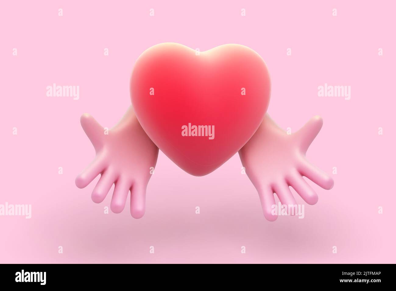 3D mains humaines de dessin animé tenant coeur rouge sur fond rose. Illustration de Vecteur