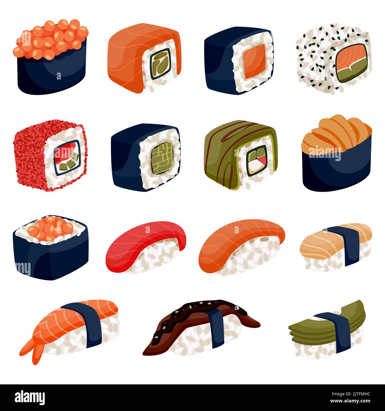 Sushi frais, isolé sur fond blanc. Petits pains avec saumon, crevettes, thon, avocat et riz. Illustration de dessin animé à plan vectoriel. Tradition japonaise Illustration de Vecteur