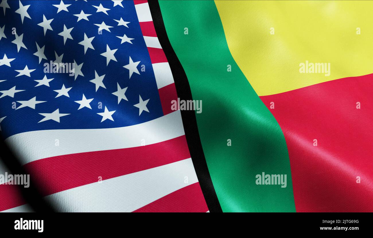 3D Waving United States of America and Benin fusionné Flag Closeup View Banque D'Images